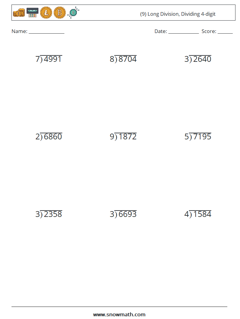 (9) Long Division, Dividing 4-digit Math Worksheets 12