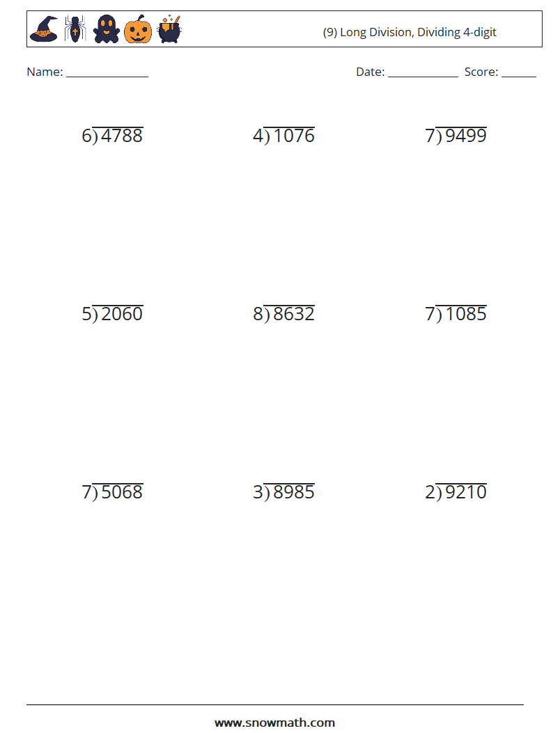 (9) Long Division, Dividing 4-digit Math Worksheets 13
