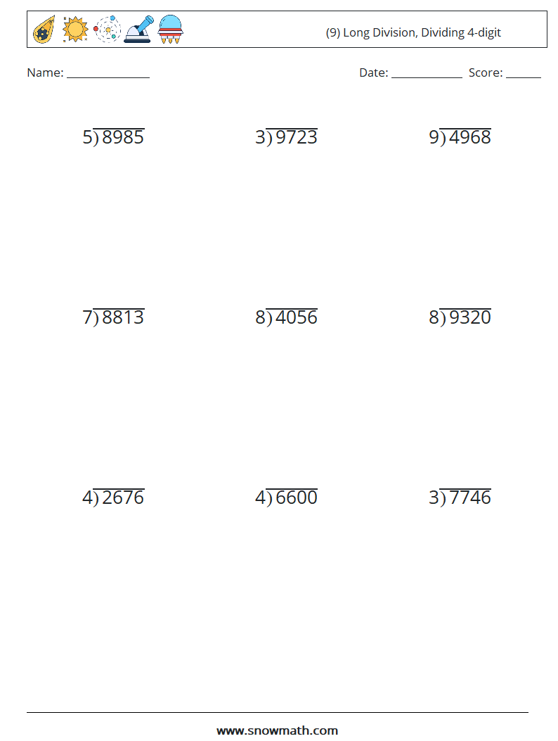 (9) Long Division, Dividing 4-digit Math Worksheets 14