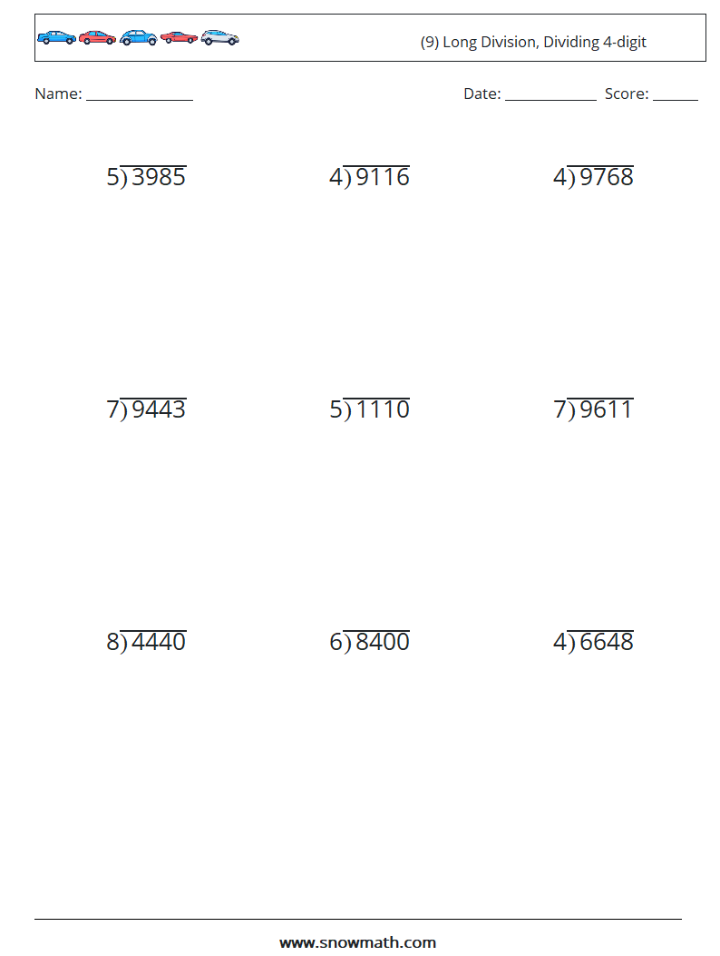 (9) Long Division, Dividing 4-digit Math Worksheets 16