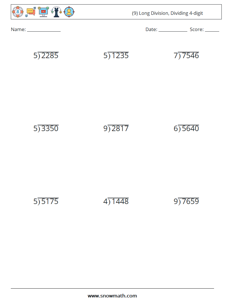 (9) Long Division, Dividing 4-digit Math Worksheets 17
