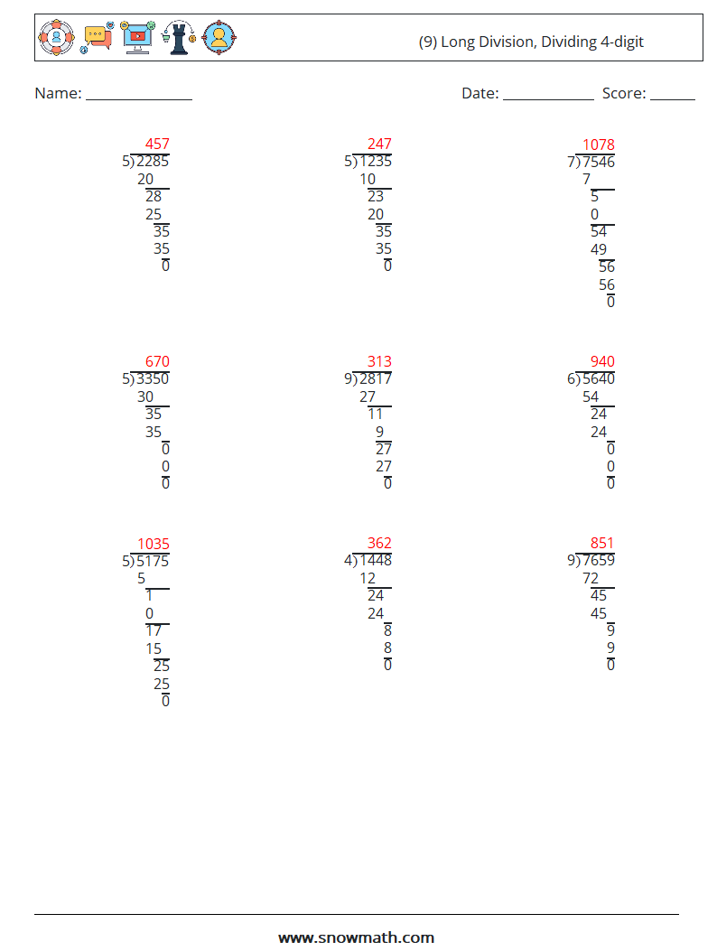 (9) Long Division, Dividing 4-digit Math Worksheets 17 Question, Answer