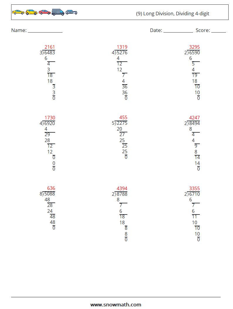 (9) Long Division, Dividing 4-digit Math Worksheets 18 Question, Answer