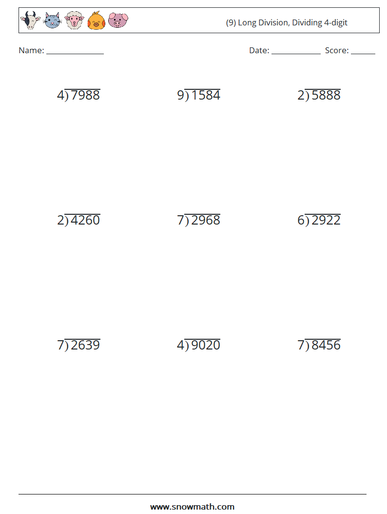 (9) Long Division, Dividing 4-digit Math Worksheets 2