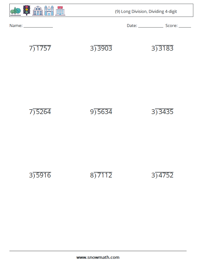 (9) Long Division, Dividing 4-digit Math Worksheets 5
