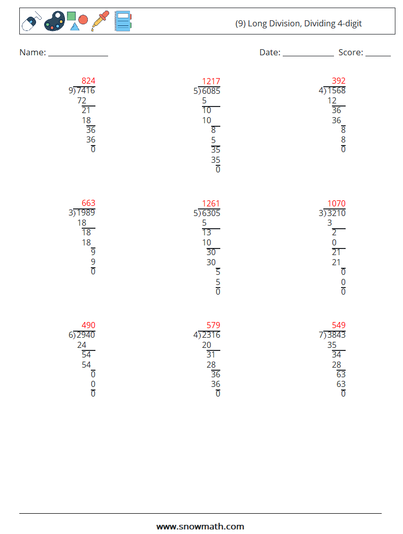 (9) Long Division, Dividing 4-digit Math Worksheets 8 Question, Answer