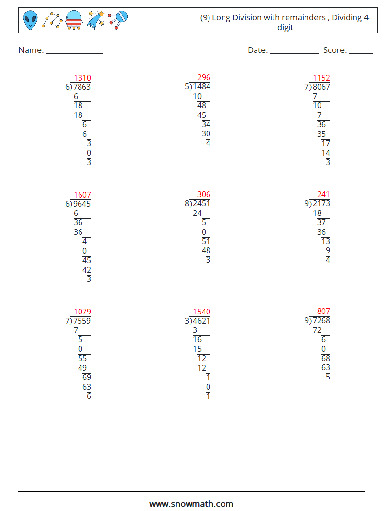 (9) Long Division with remainders , Dividing 4-digit Math Worksheets 10 Question, Answer