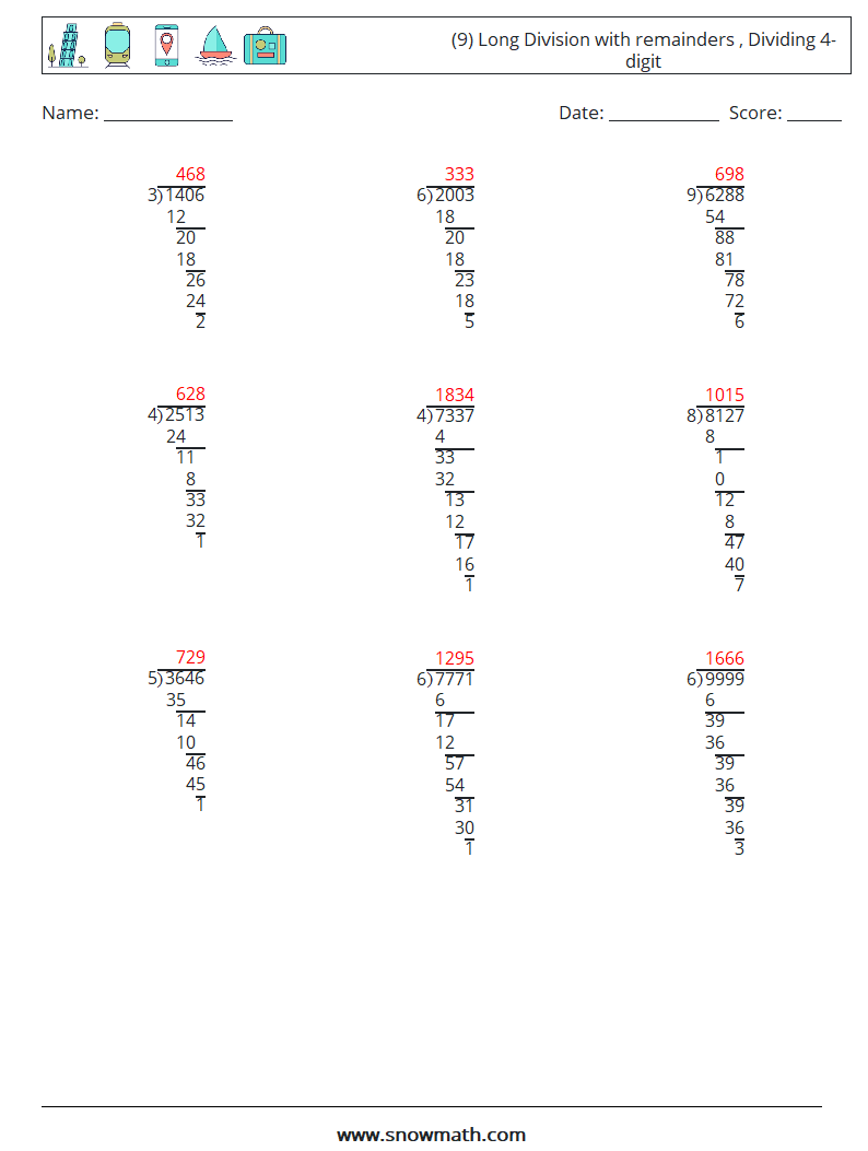 (9) Long Division with remainders , Dividing 4-digit Math Worksheets 12 Question, Answer