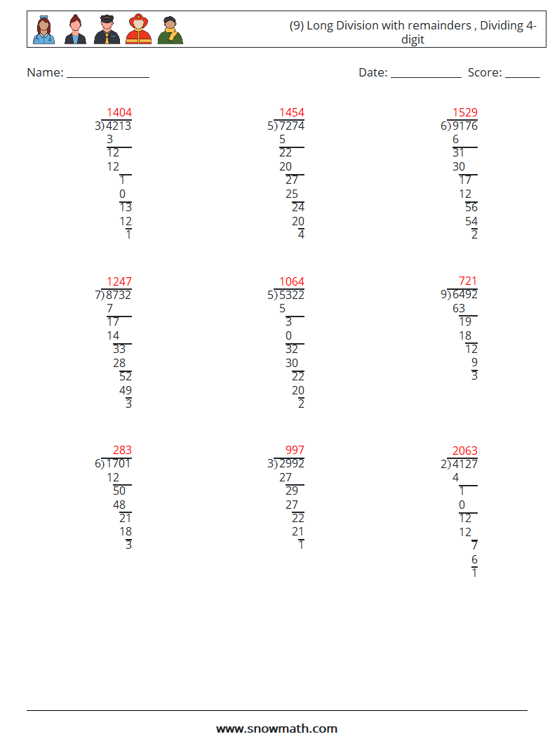 (9) Long Division with remainders , Dividing 4-digit Math Worksheets 15 Question, Answer