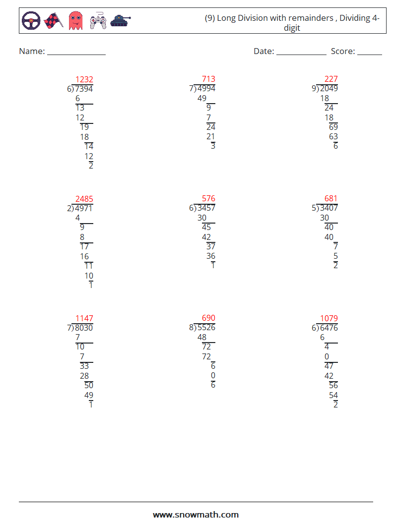 (9) Long Division with remainders , Dividing 4-digit Math Worksheets 18 Question, Answer