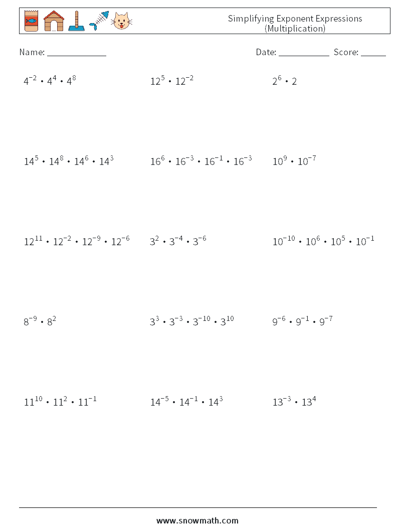 Simplifying Exponent Expressions (Multiplication) Math Worksheets 2