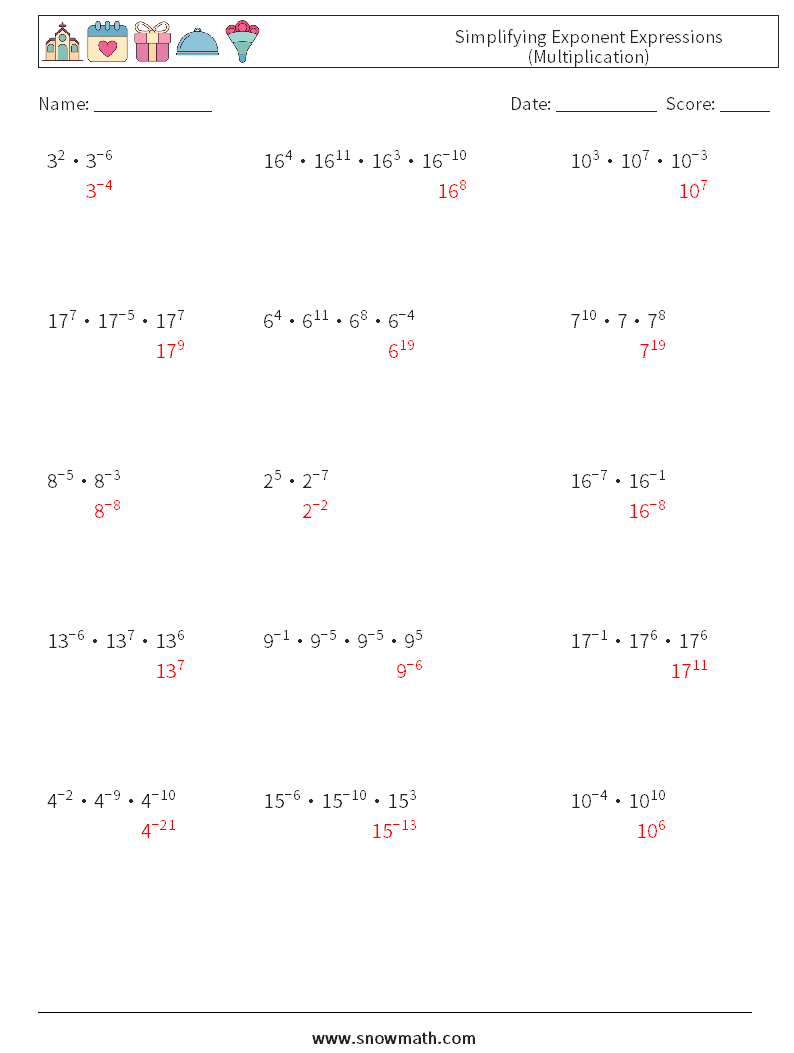 Simplifying Exponent Expressions (Multiplication) Math Worksheets 3 Question, Answer