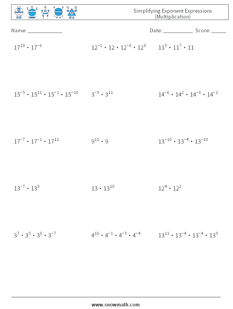 Simplifying Exponent Expressions (Multiplication) Math Worksheets 5
