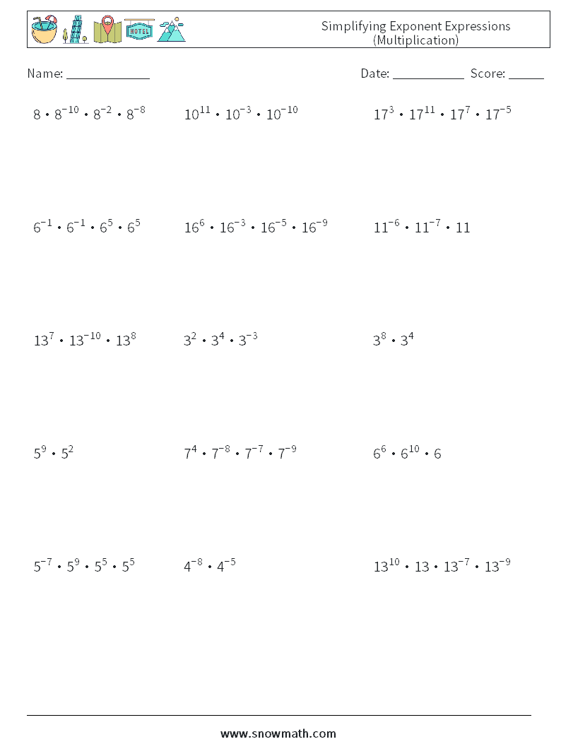 Simplifying Exponent Expressions (Multiplication) Math Worksheets 6