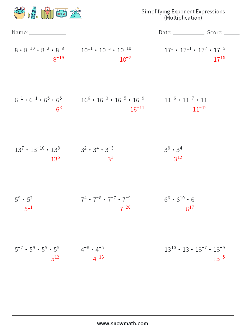 Simplifying Exponent Expressions (Multiplication) Math Worksheets 6 Question, Answer