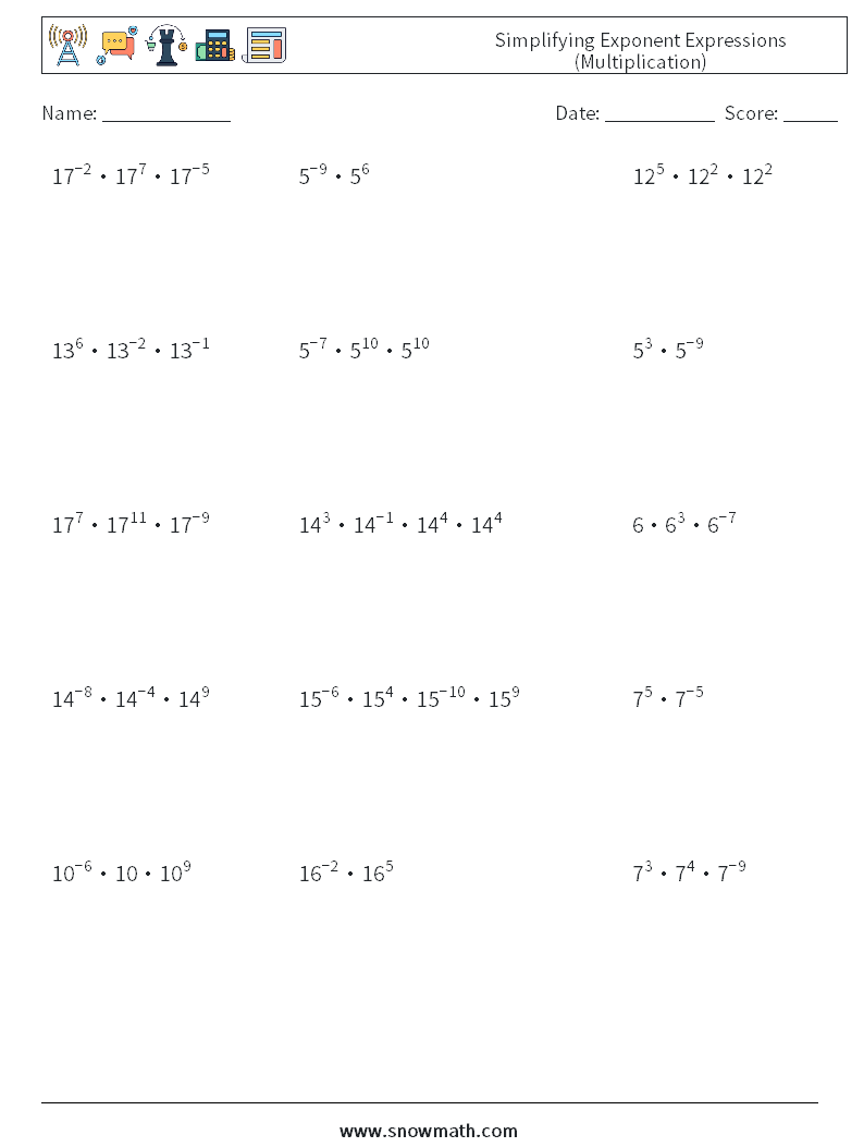 Simplifying Exponent Expressions (Multiplication) Maths Worksheets 7