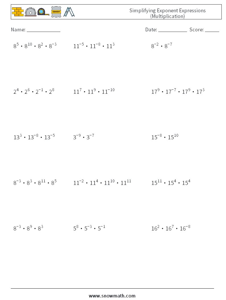Simplifying Exponent Expressions (Multiplication) Math Worksheets 9