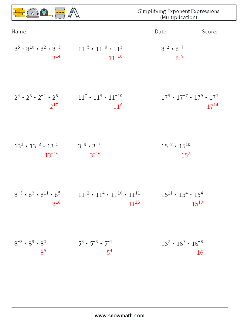 Simplifying Exponent Expressions (Multiplication) Math Worksheets 9 Question, Answer