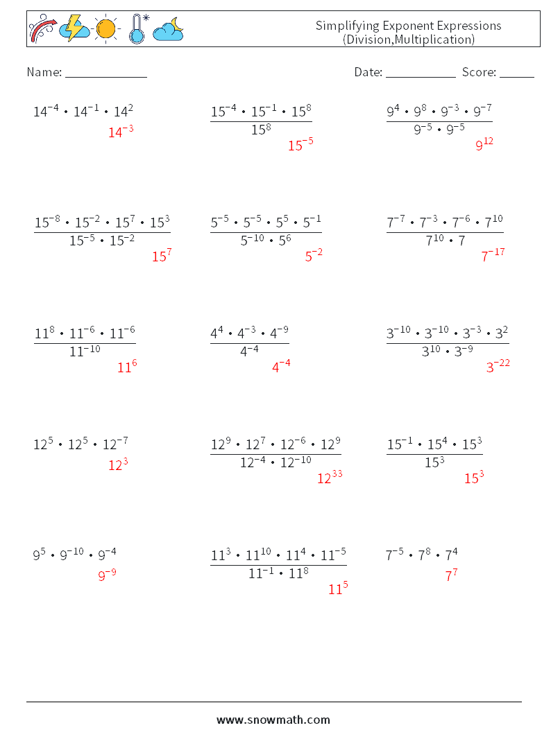 Simplifying Exponent Expressions (Division,Multiplication) Math Worksheets 5 Question, Answer