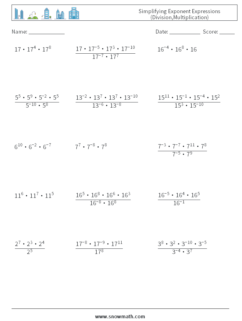 Simplifying Exponent Expressions (Division,Multiplication) Math Worksheets 7