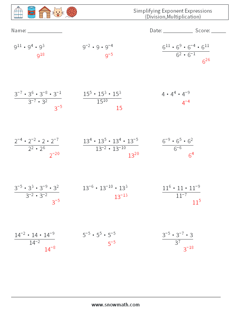 Simplifying Exponent Expressions (Division,Multiplication) Math Worksheets 8 Question, Answer