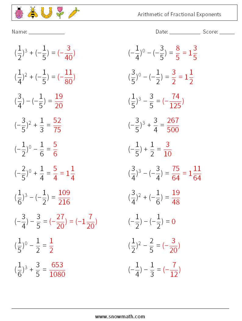 Arithmetic of Fractional Exponents Math Worksheets 2 Question, Answer