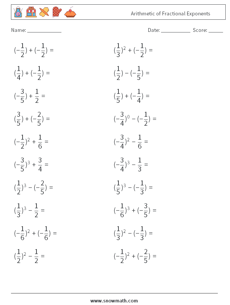 Arithmetic of Fractional Exponents Maths Worksheets 3