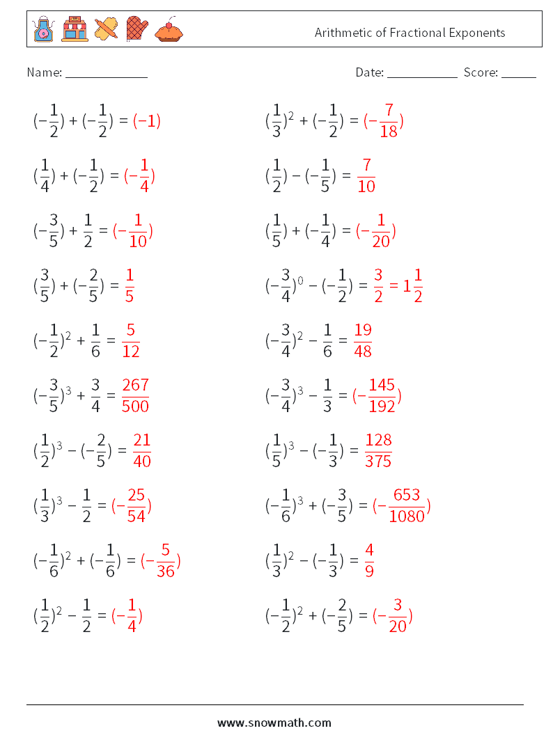 Arithmetic of Fractional Exponents Math Worksheets 3 Question, Answer