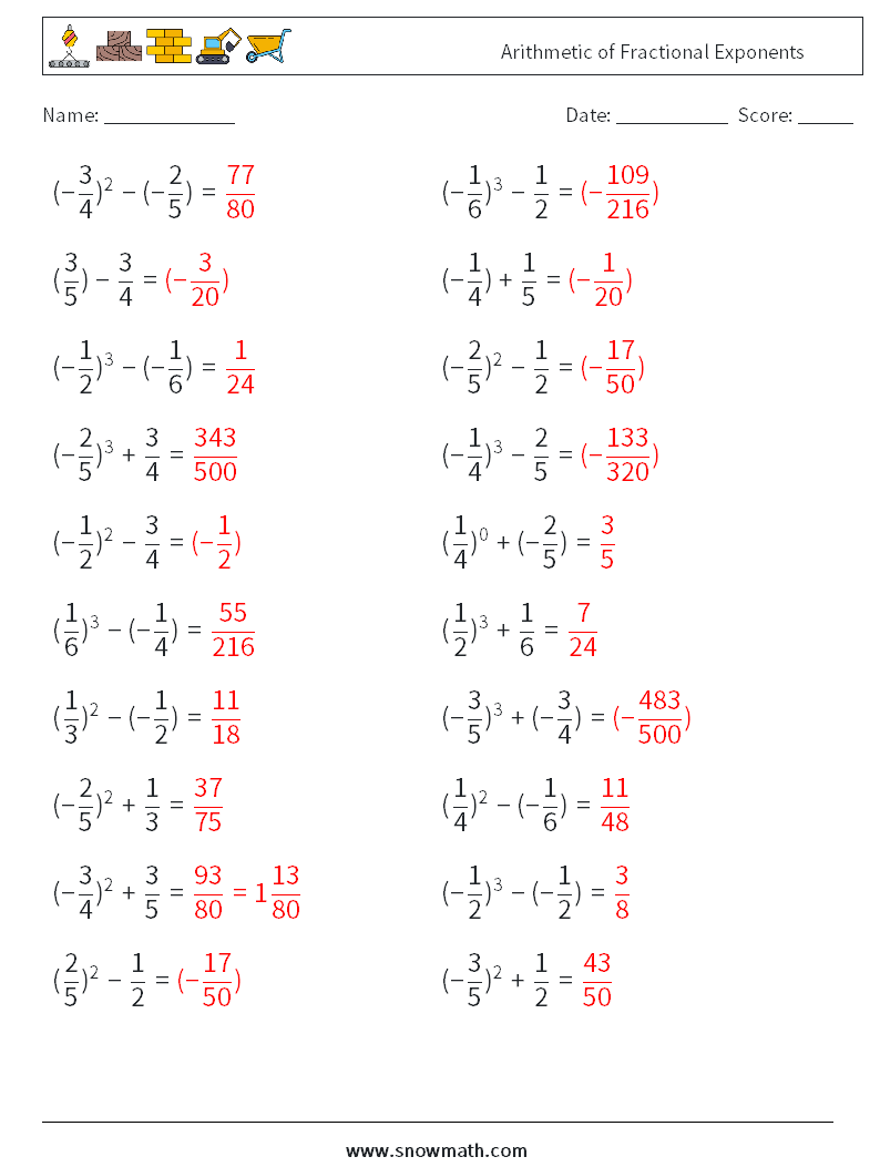Arithmetic of Fractional Exponents Math Worksheets 4 Question, Answer