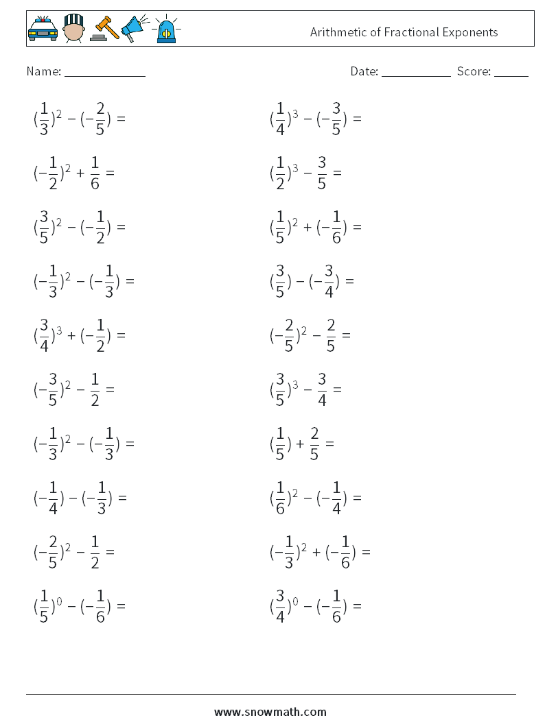 Arithmetic of Fractional Exponents Maths Worksheets 5