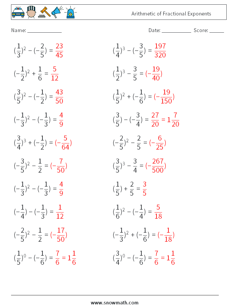 Arithmetic of Fractional Exponents Math Worksheets 5 Question, Answer