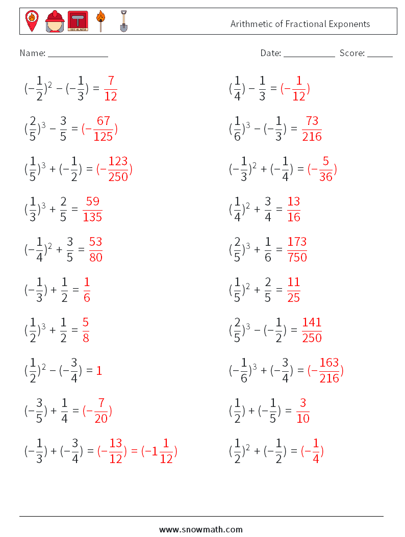 Arithmetic of Fractional Exponents Math Worksheets 6 Question, Answer