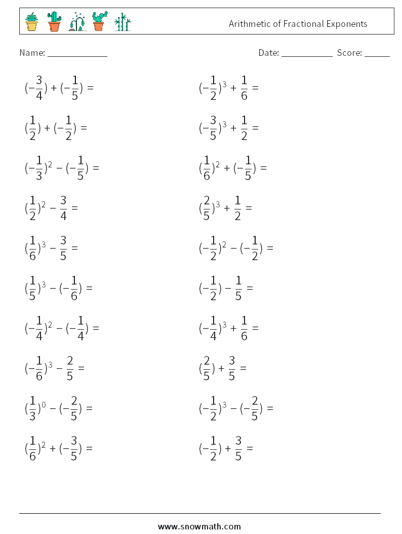 Arithmetic of Fractional Exponents Maths Worksheets 7