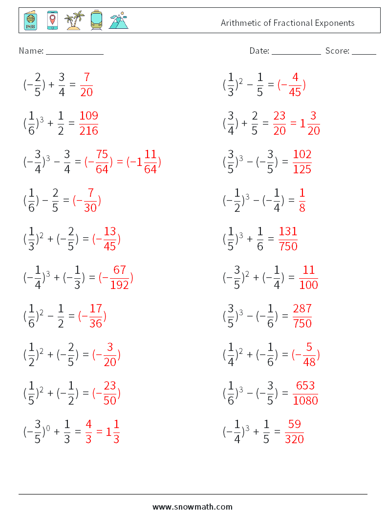 Arithmetic of Fractional Exponents Math Worksheets 9 Question, Answer