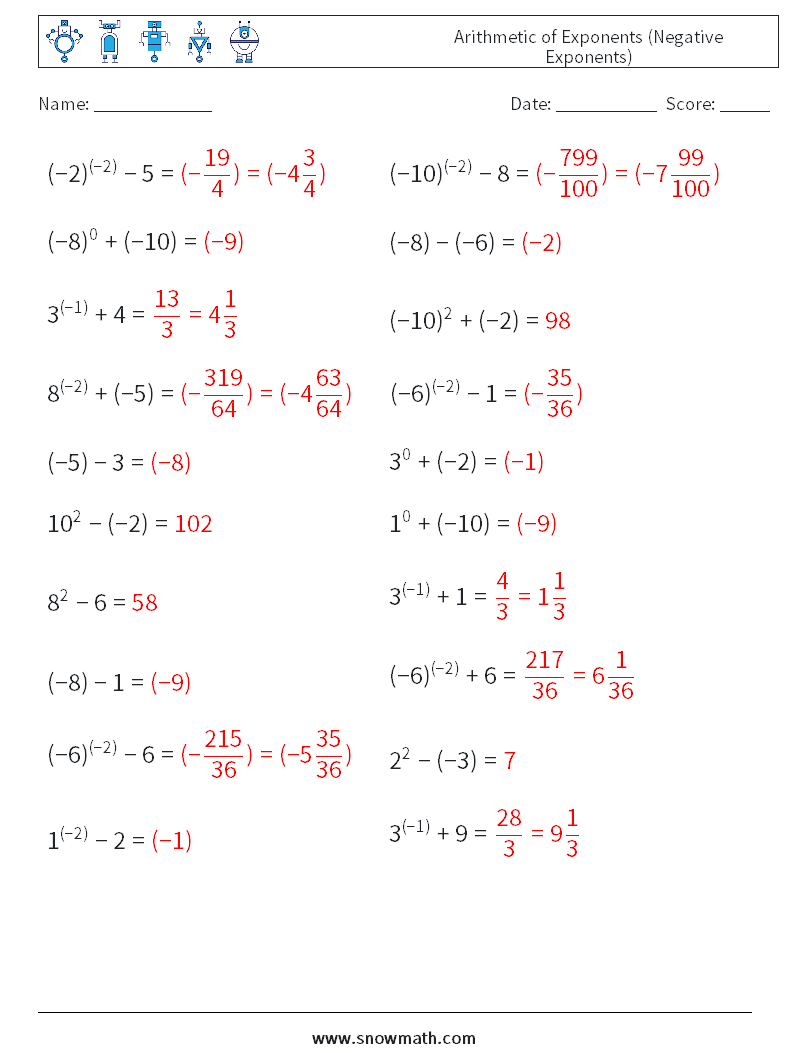  Arithmetic of Exponents (Negative Exponents) Math Worksheets 1 Question, Answer