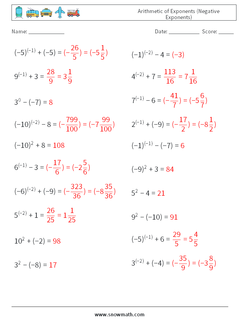  Arithmetic of Exponents (Negative Exponents) Math Worksheets 2 Question, Answer