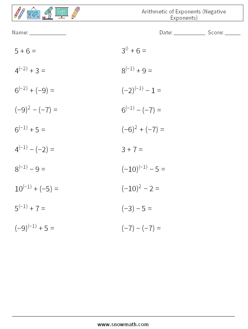 Arithmetic Of Exponents negative Exponents Math Worksheets 4Math Worksheets Math Practice For 