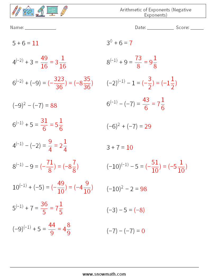  Arithmetic of Exponents (Negative Exponents) Math Worksheets 4 Question, Answer