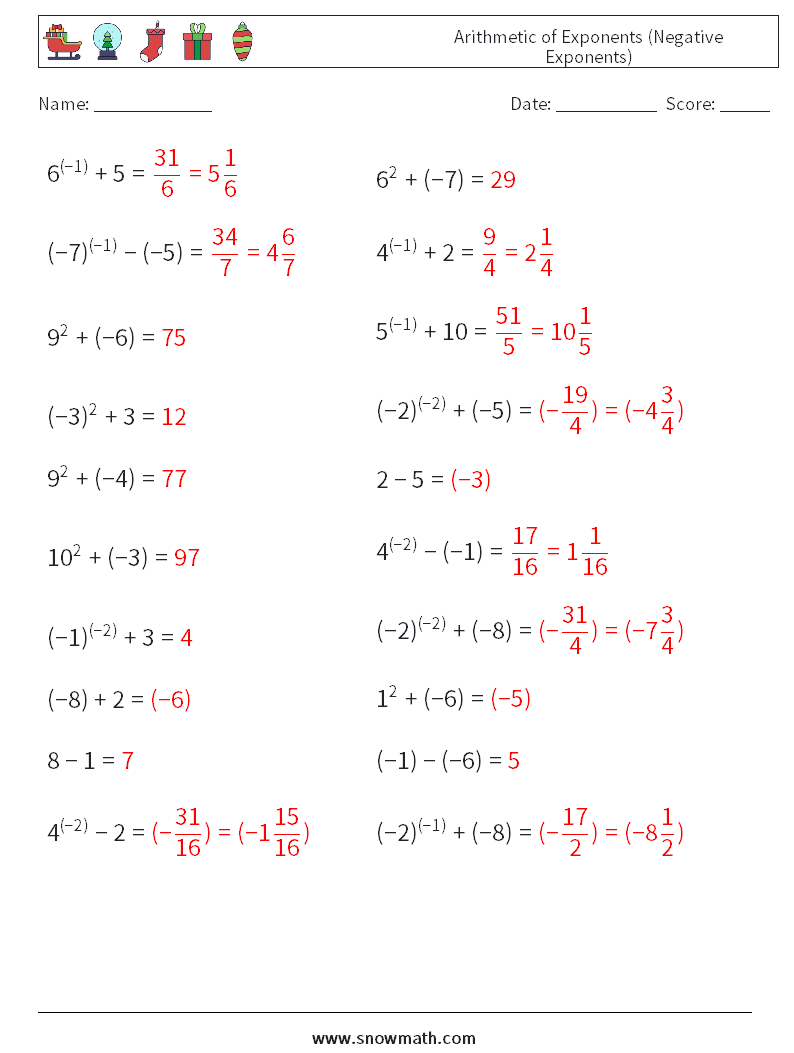  Arithmetic of Exponents (Negative Exponents) Math Worksheets 5 Question, Answer