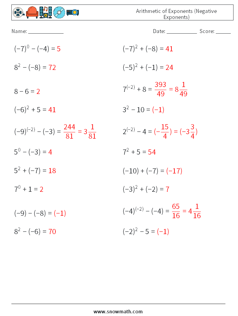  Arithmetic of Exponents (Negative Exponents) Math Worksheets 7 Question, Answer