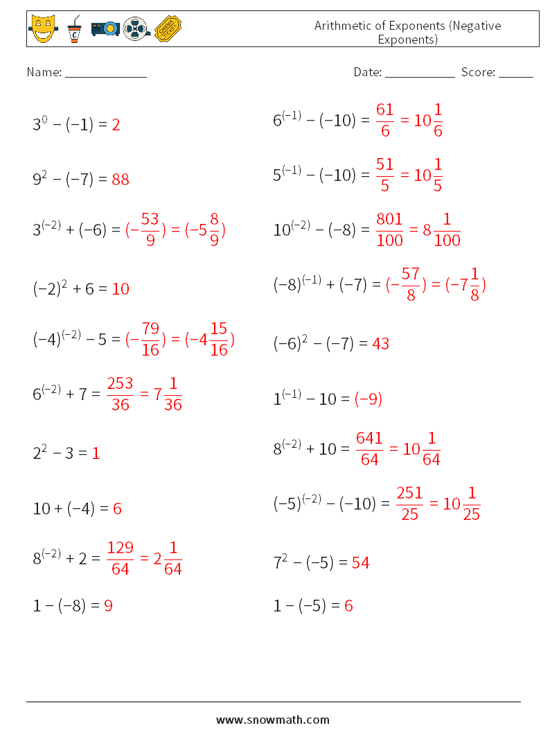  Arithmetic of Exponents (Negative Exponents) Math Worksheets 9 Question, Answer