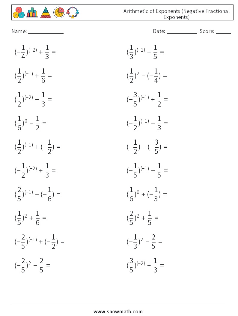  Arithmetic of Exponents (Negative Fractional Exponents) Math Worksheets 2