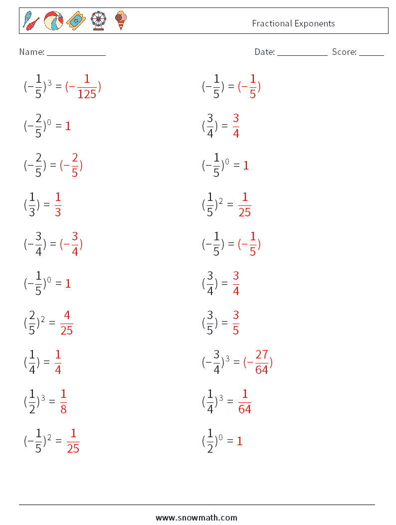 Fractional Exponents Math Worksheets 1 Question, Answer