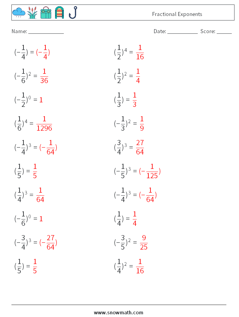 Fractional Exponents Math Worksheets 3 Question, Answer