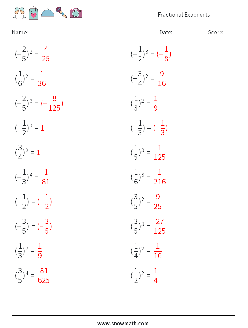 Fractional Exponents Math Worksheets 4 Question, Answer
