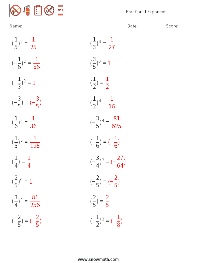 Fractional Exponents Math Worksheets 5 Question, Answer