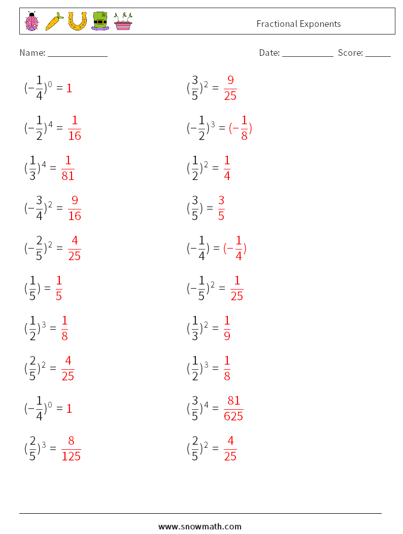 Fractional Exponents Math Worksheets 7 Question, Answer