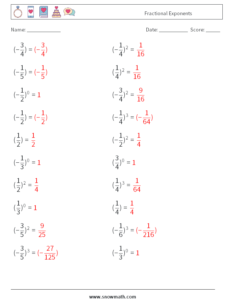 Fractional Exponents Math Worksheets 9 Question, Answer