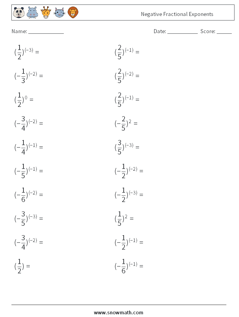 Negative Fractional Exponents Math Worksheets 6Math Worksheets Math 