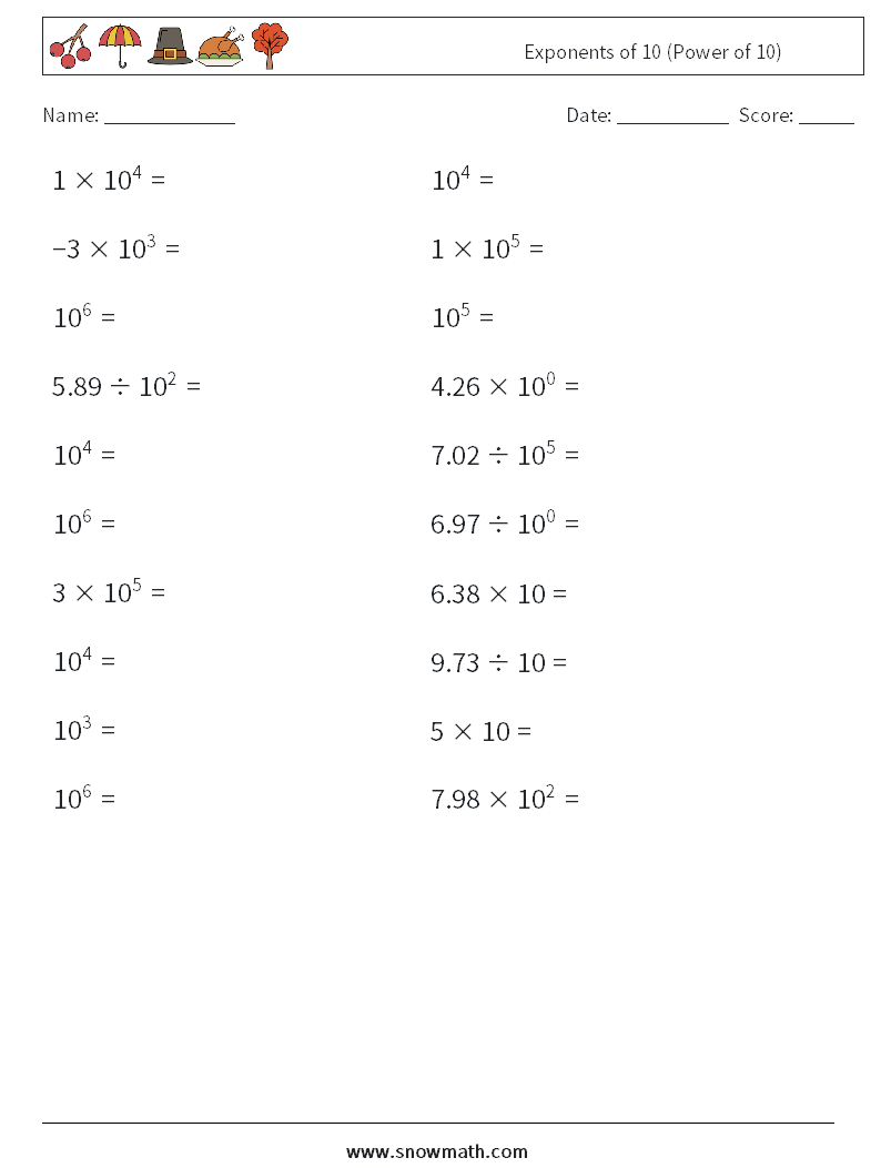 Exponents of 10 (Power of 10) Math Worksheets 5